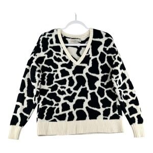 LOFT V Neck Sweater Cow Print Black White Pullover Womens Size XSmall Oversized‎
